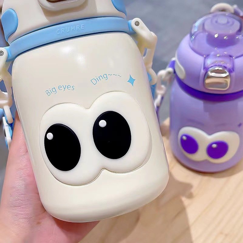 Creative Big Eyes Thermos Cup Kids 316 Flask Tumbler Straw Kettle Cartoon Water Bottle With Straw Portable Strap
