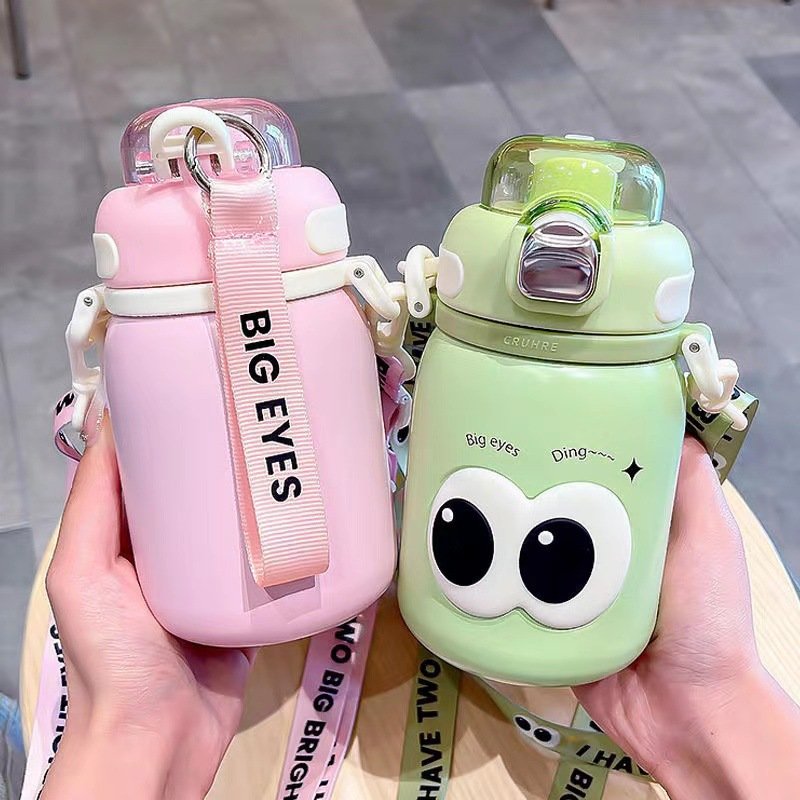 Creative Big Eyes Thermos Cup Kids 316 Flask Tumbler Straw Kettle Cartoon Water Bottle With Straw Portable Strap