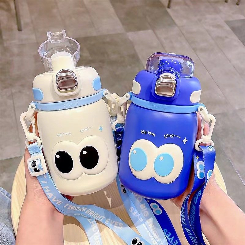 Creative Big Eyes Thermos Cup Kids 316 Flask Tumbler Straw Kettle Cartoon Water Bottle With Straw Portable Strap