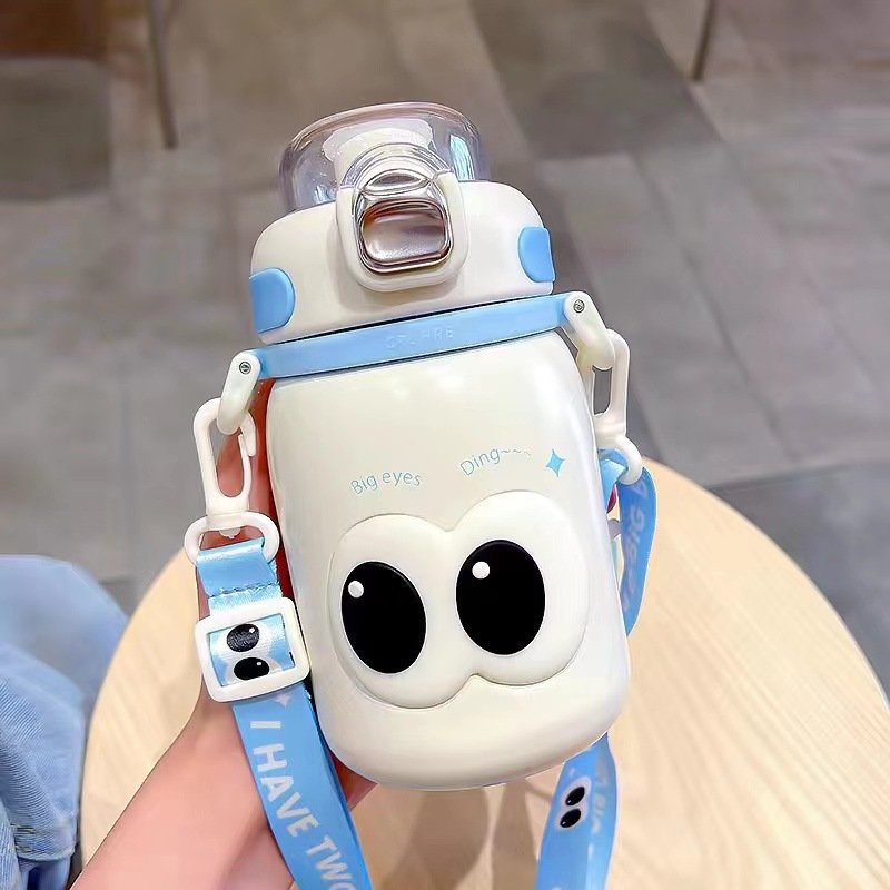 Creative Big Eyes Thermos Cup Kids 316 Flask Tumbler Straw Kettle Cartoon Water Bottle With Straw Portable Strap