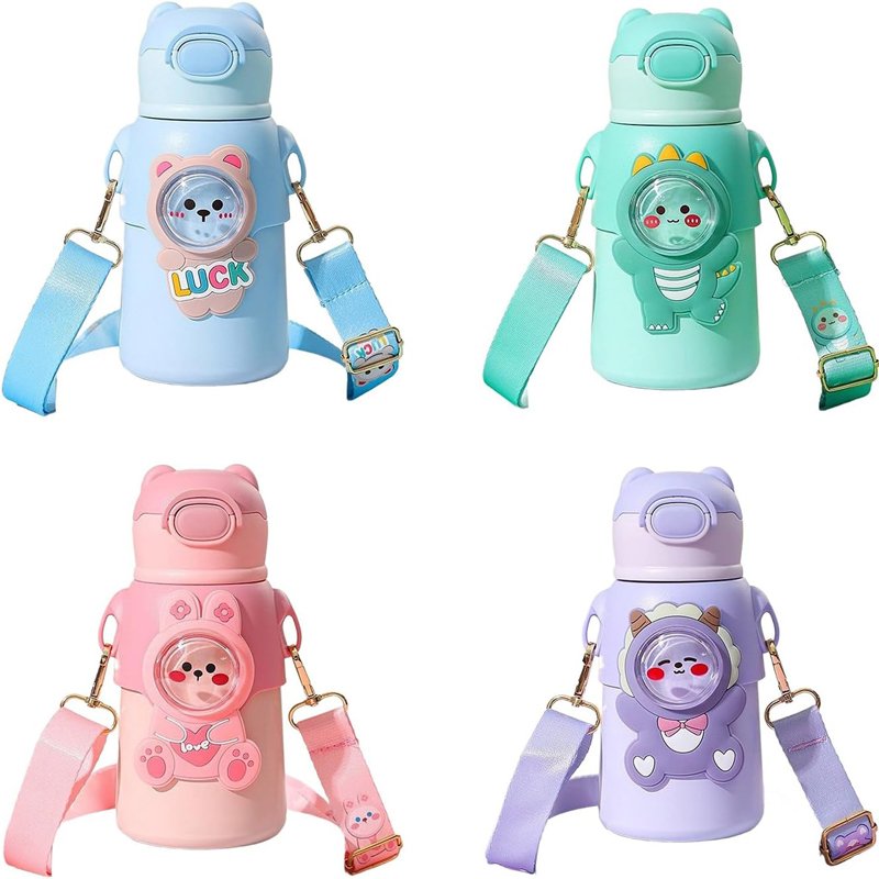 Children Vacuum Flask Thermos Cartoon Cute Bear Figures Straw 316 Stainless Steel Water Bottle For Kids Children School Bottle