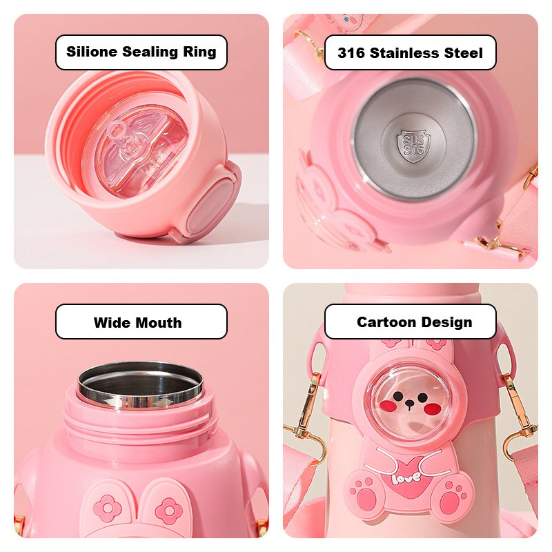 Children Vacuum Flask Thermos Cartoon Cute Bear Figures Straw 316 Stainless Steel Water Bottle For Kids Children School Bottle