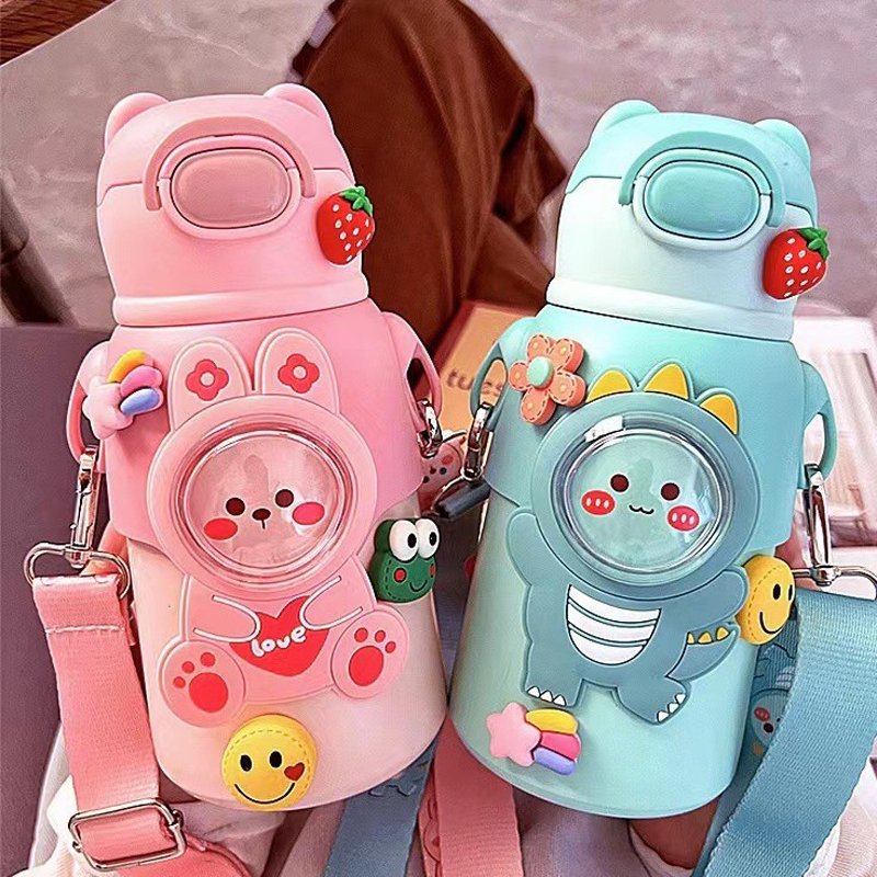 Children Vacuum Flask Thermos Cartoon Cute Bear Figures Straw 316 Stainless Steel Water Bottle For Kids Children School Bottle
