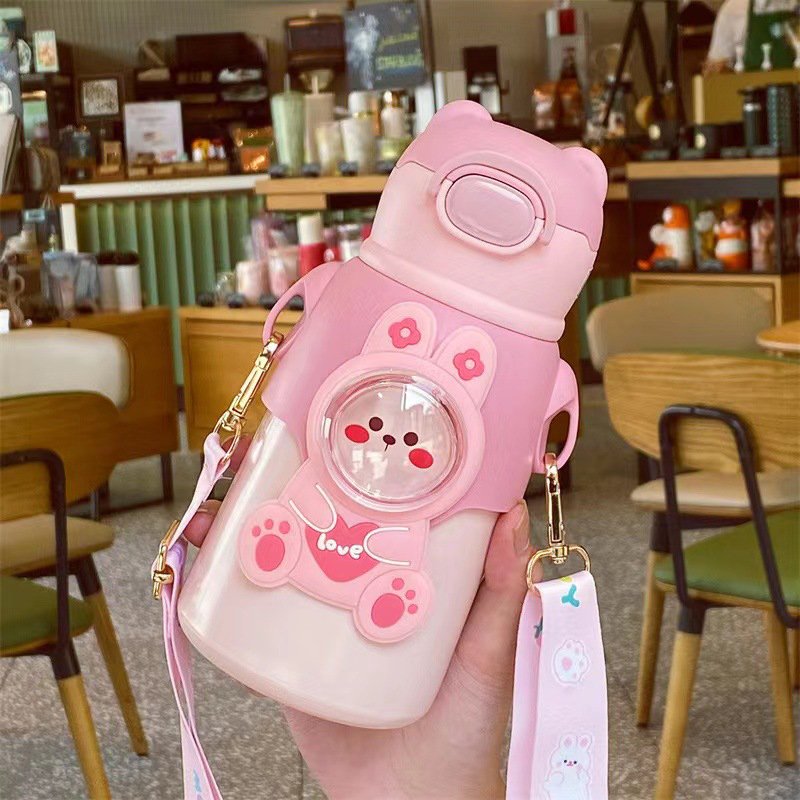 Children Vacuum Flask Thermos Cartoon Cute Bear Figures Straw 316 Stainless Steel Water Bottle For Kids Children School Bottle