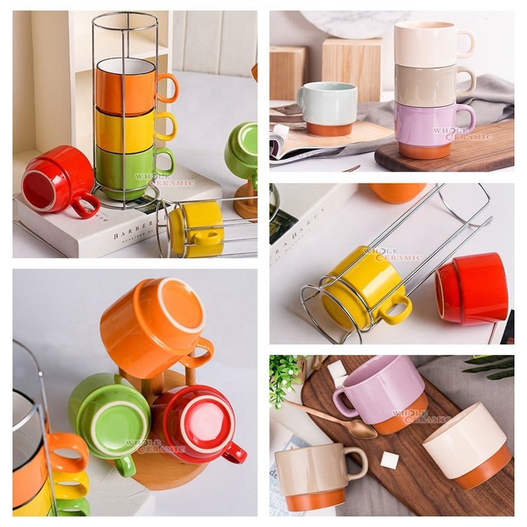 wholesale Nordic style Stackable ceramic sublimation coffee mugs with rack
