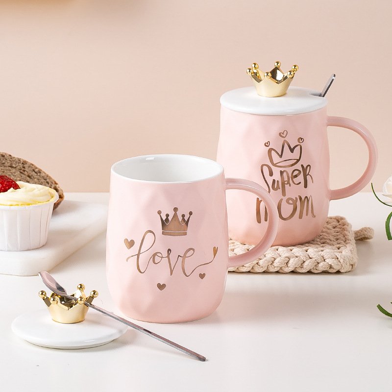 Nordic coffee mug pink crown mother's day ceramic wedding gift milk cups with lid and spoon style set couple christmas gold roya