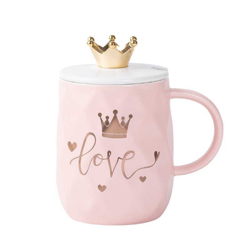 Nordic coffee mug pink crown mother's day ceramic wedding gift milk cups with lid and spoon style set couple christmas gold roya