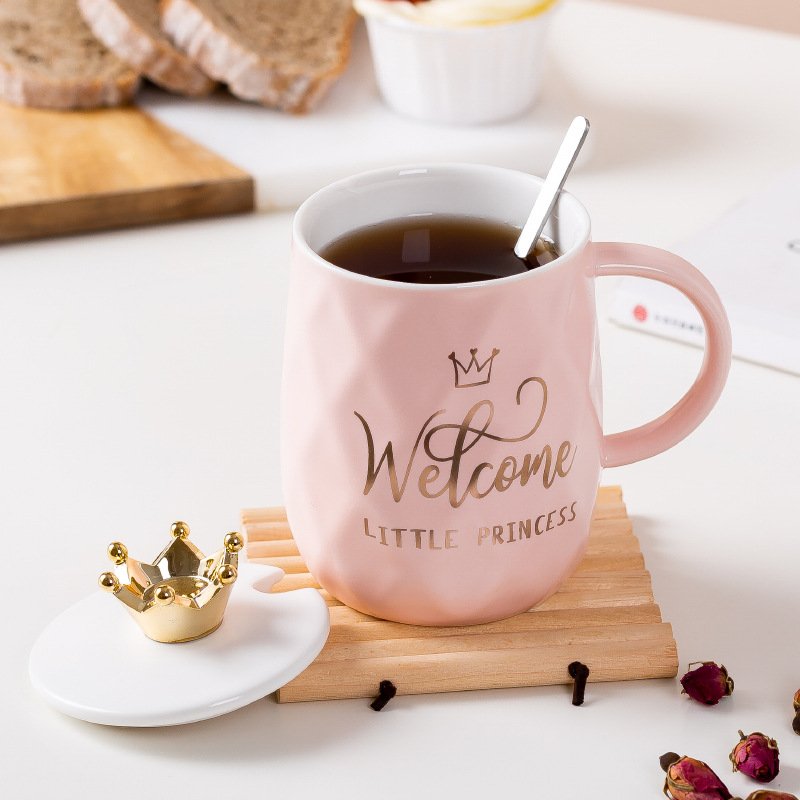 Nordic coffee mug pink crown mother's day ceramic wedding gift milk cups with lid and spoon style set couple christmas gold roya