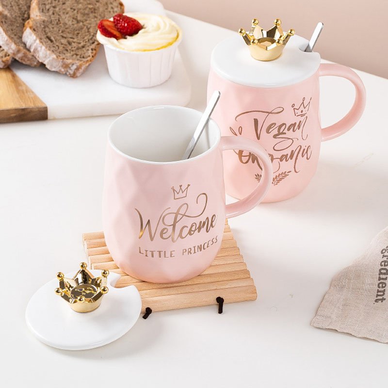 Nordic coffee mug pink crown mother's day ceramic wedding gift milk cups with lid and spoon style set couple christmas gold roya