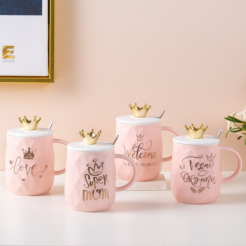 Nordic coffee mug pink crown mother's day ceramic wedding gift milk cups with lid and spoon style set couple christmas gold roya