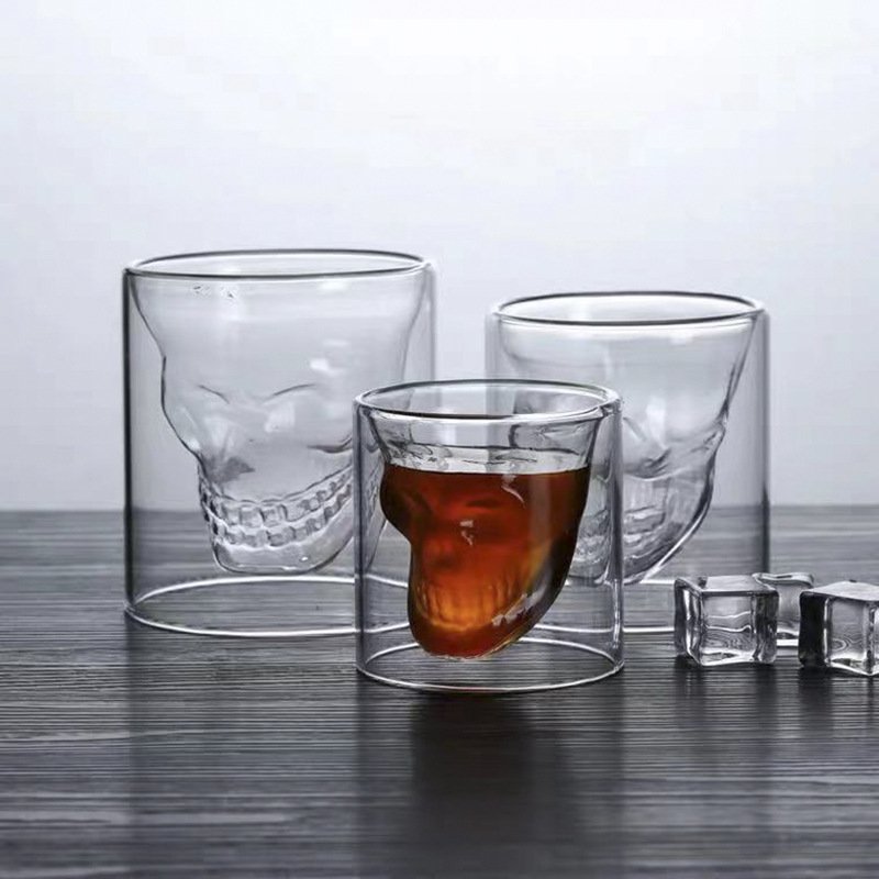 Double-layered Transparent Skull Head Coffee Mug Crystal Glass Cup for Home Bar Club Whiskey Wine Vodka and Beer Wine Glass