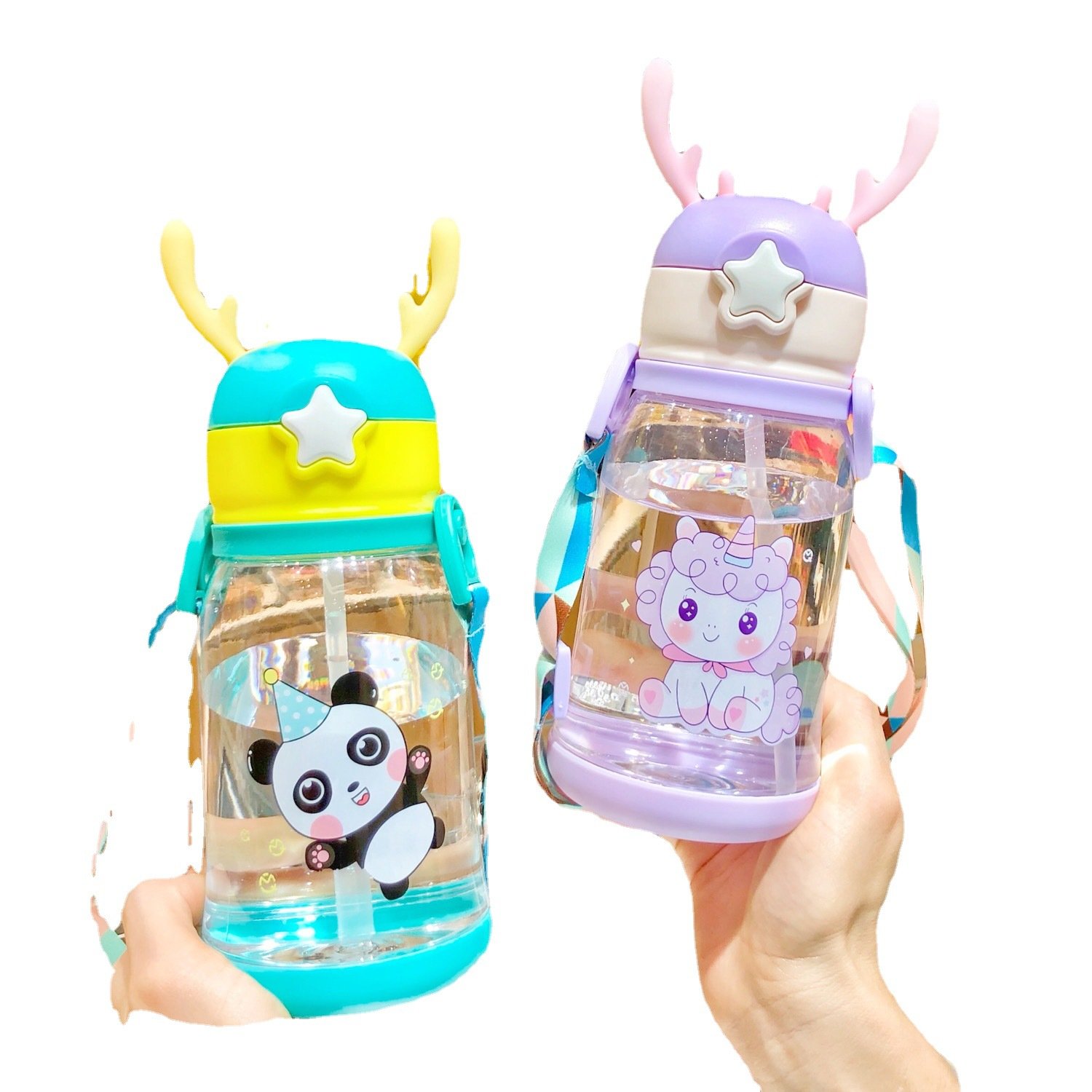 Large Capacity Cute Cartoon Plastic Sippy Cup Straw Lid Convenient Water Bottle Primary School Kindergarten Simple Design