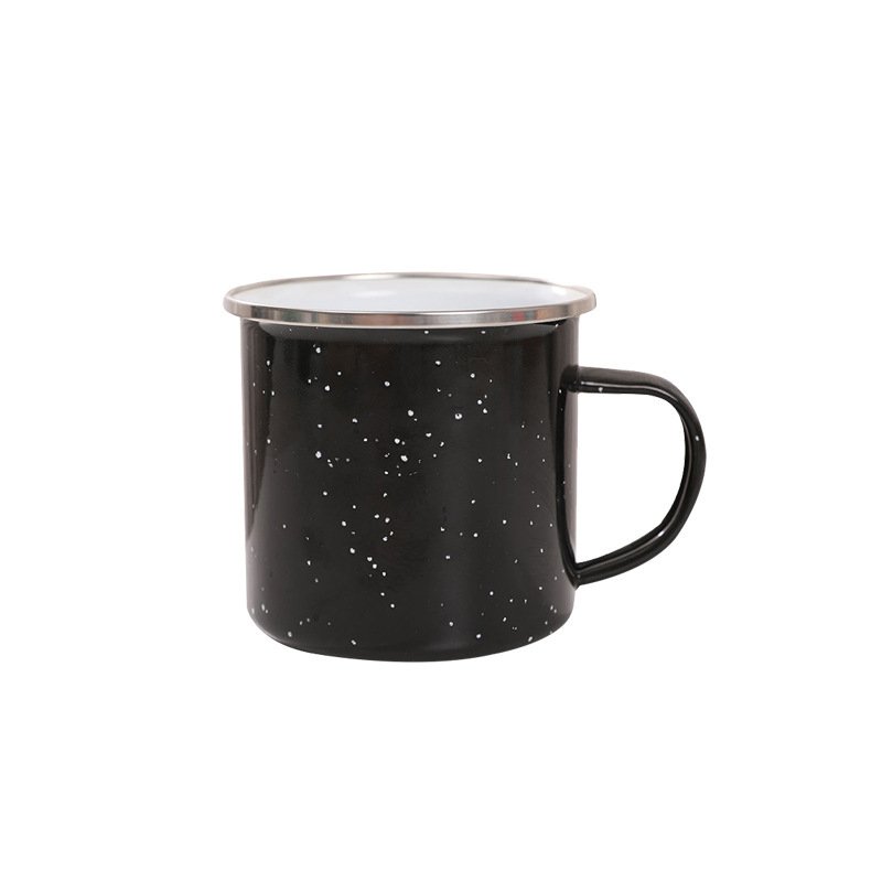 Wholesale Cheap Vintage Metal Tea Coffee Cup Gift Custom Logo Printed Camping Speckle Black Travel Enamel Mug With Silver Rim