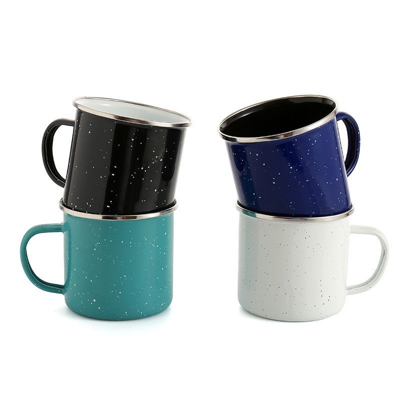 Wholesale Cheap Vintage Metal Tea Coffee Cup Gift Custom Logo Printed Camping Speckle Black Travel Enamel Mug With Silver Rim