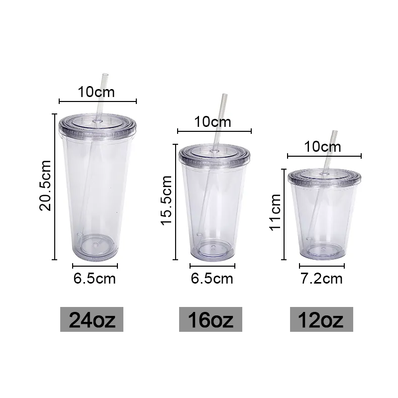 Wholesale 12oz 16oz 24oz plastic clear double wall transparent Water bottle Reusable Travel Coffee Mug with straw and lids