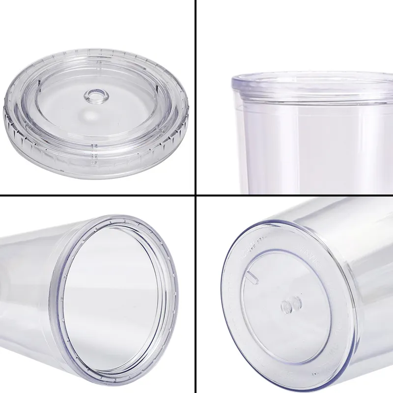 Wholesale 12oz 16oz 24oz plastic clear double wall transparent Water bottle Reusable Travel Coffee Mug with straw and lids