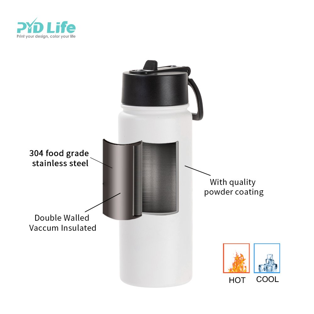 PYD Life 18oz 550ml Powder Coating Stainless Steel Vacuum Flask Sport Water Bottle with Wide Mouth and Straw Rotating Handle
