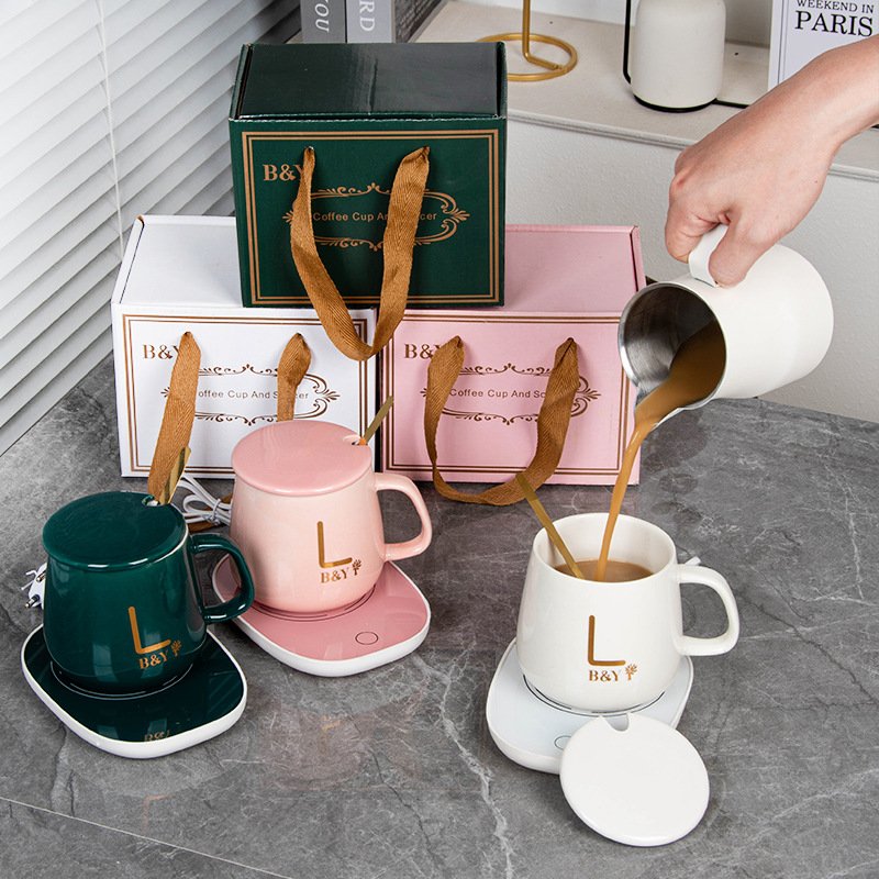 USB Office Home Gift Smart Ceramic warm cup with heating coaster Temperature Control Water Coffee Mug Set