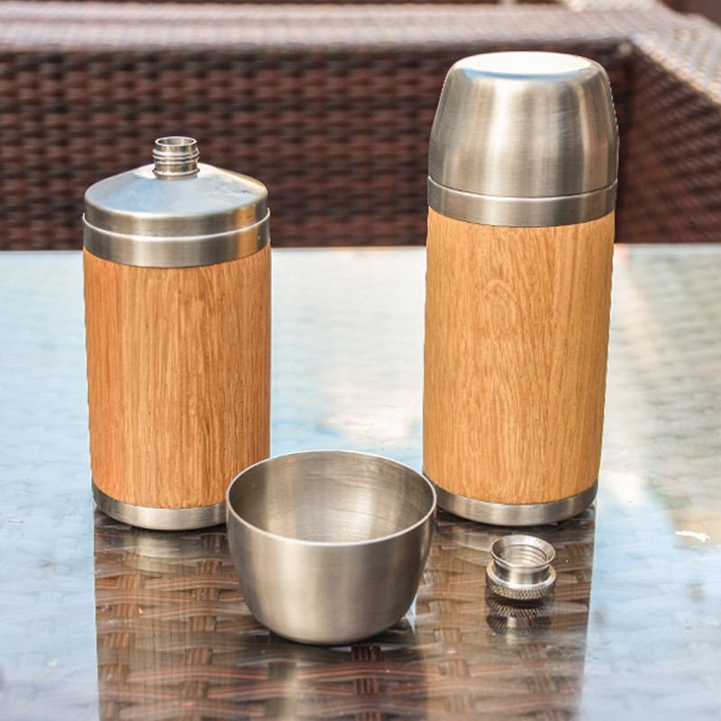 Natural bamboo material whiskey cup with a stainless steel base and with wooden cover, customized bamboo wisky cup