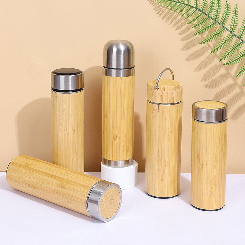 new double wall stainless steel Vacuum flask bamboo shell water bottle with tea infuser tumbler
