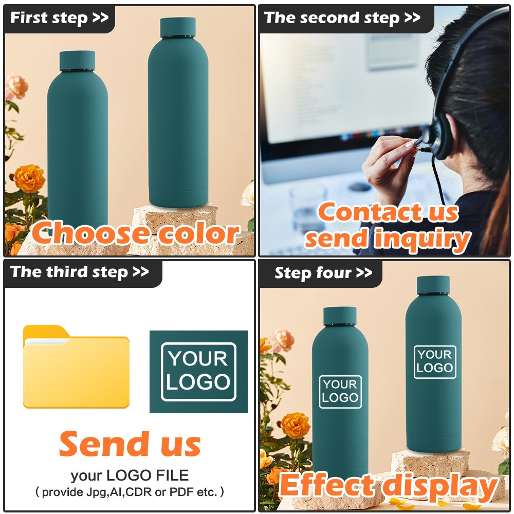 Custom Logo Blue 500ml Drinking Bottle Double Wall Vacuum Stainless Steel Drink Flask Termos Insulated Sport Water Bottle