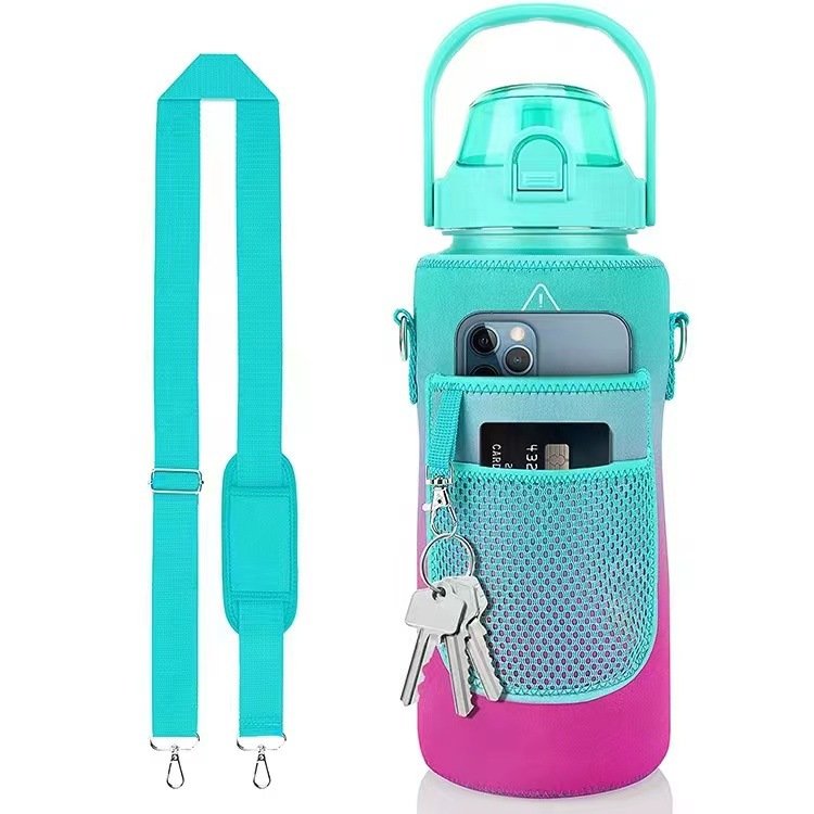 2L sports bottle with carrier holder bag portable motivational water bottle with storage carry sleeve and strap
