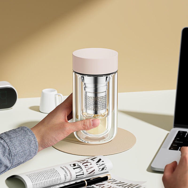 Customized Double Wall Glass Water Bottle Tea and Water Separation Tea Bottle Mug Cup with Tea Infuser