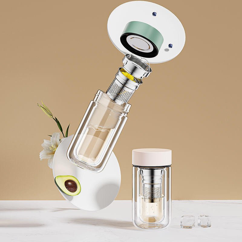 Customized Double Wall Glass Water Bottle Tea and Water Separation Tea Bottle Mug Cup with Tea Infuser