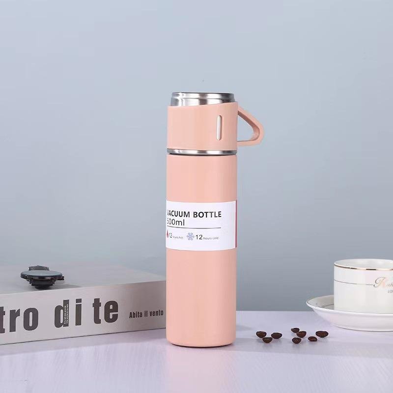 Hot Sale Custom Reusable Coffee Thermal Bottle One Cup Two Lid Gift Box Tea Mugs 304 Stainless Steel Vacuum Flask Gift Set