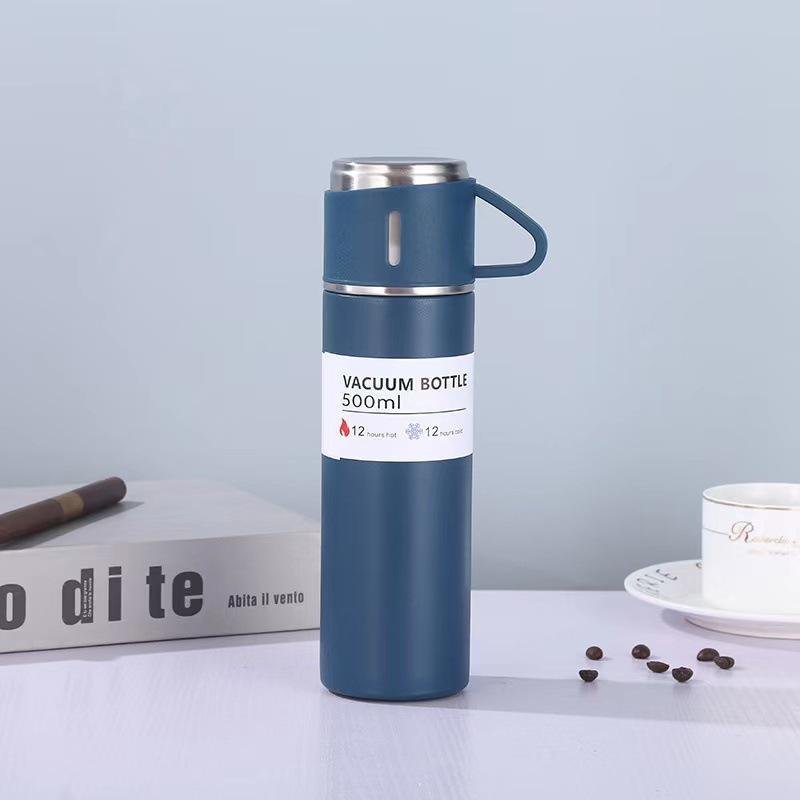 Hot Sale Custom Reusable Coffee Thermal Bottle One Cup Two Lid Gift Box Tea Mugs 304 Stainless Steel Vacuum Flask Gift Set