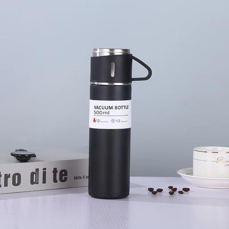Hot Sale Custom Reusable Coffee Thermal Bottle One Cup Two Lid Gift Box Tea Mugs 304 Stainless Steel Vacuum Flask Gift Set