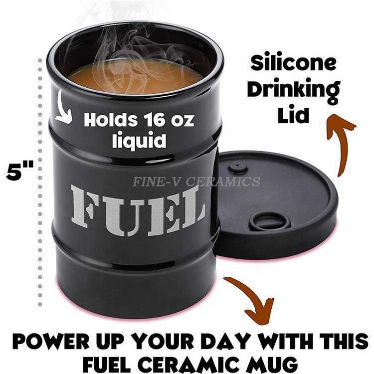 Oil bucket shaped coffee mug with silicone lid 445ml ceramic mug ice cup milk cup beer mug