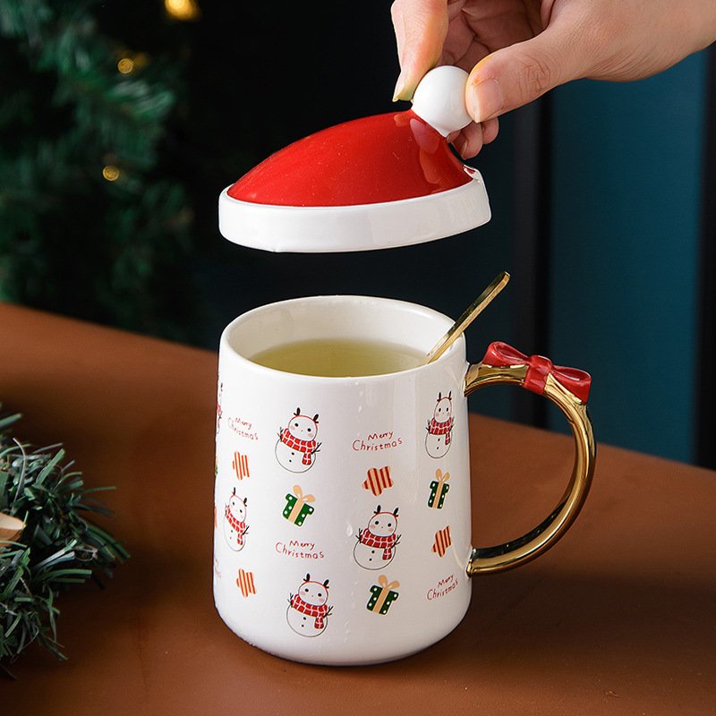 Custom Logo Christmas Ceramic Cup With Lid And Spoon Wholesale Gold Rim Coffee Mug