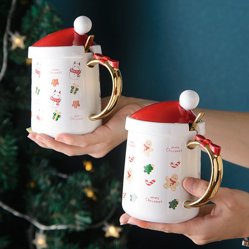 Custom Logo Christmas Ceramic Cup With Lid And Spoon Wholesale Gold Rim Coffee Mug