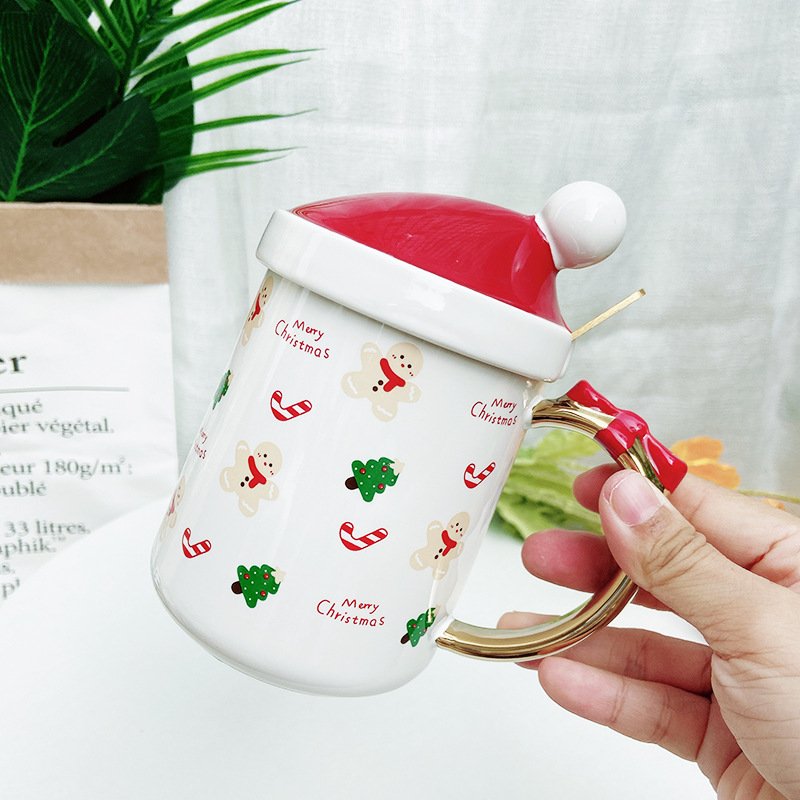 Custom Logo Christmas Ceramic Cup With Lid And Spoon Wholesale Gold Rim Coffee Mug