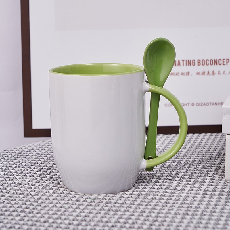 promotion gift Sublimation Blank coffee mug 11 oz color inside ceramic mug with spoon in handle