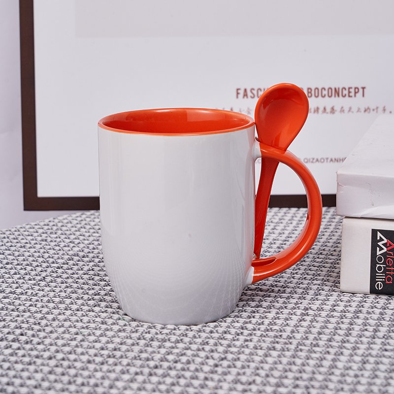 promotion gift Sublimation Blank coffee mug 11 oz color inside ceramic mug with spoon in handle