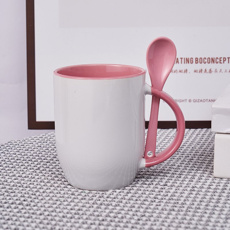 promotion gift Sublimation Blank coffee mug 11 oz color inside ceramic mug with spoon in handle