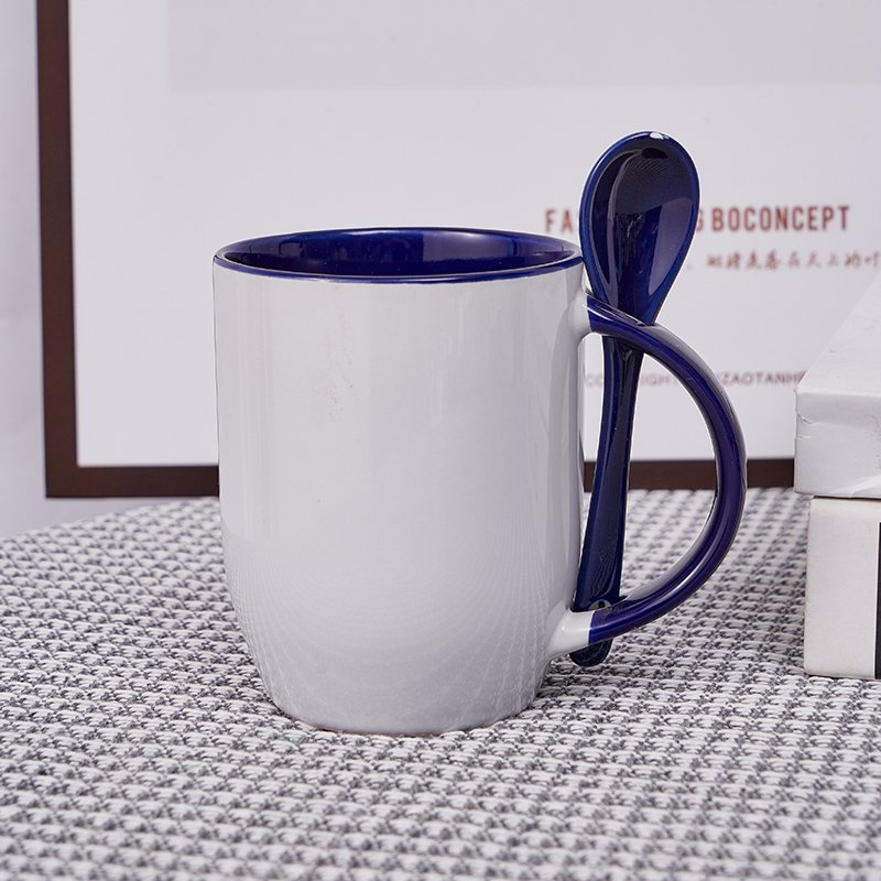 promotion gift Sublimation Blank coffee mug 11 oz color inside ceramic mug with spoon in handle