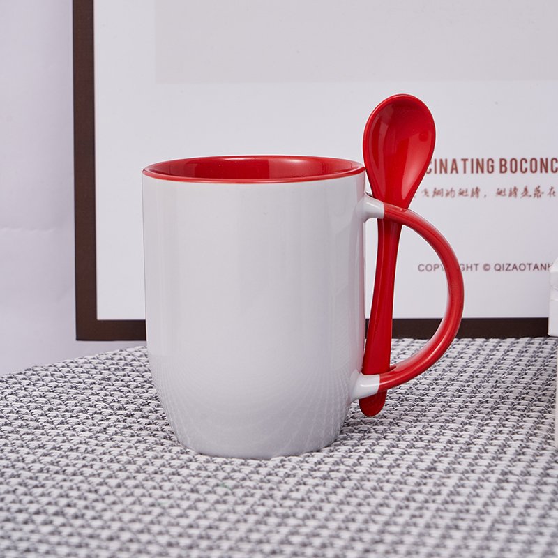 promotion gift Sublimation Blank coffee mug 11 oz color inside ceramic mug with spoon in handle