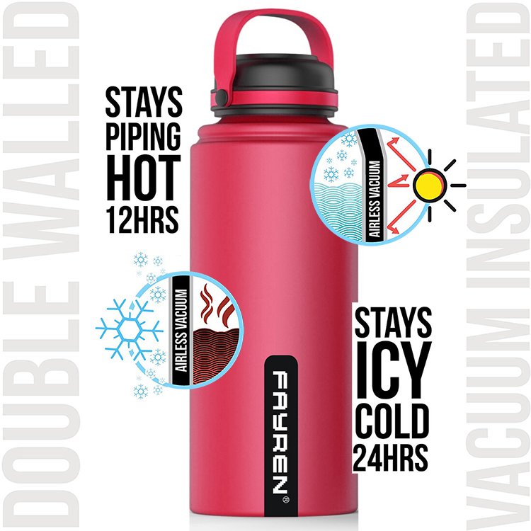 Leak Proof Insulated Double Wall Stainless Steel 304 Water Bottle Vacuum Flasks Thermos 17oz 25oz 32oz With Hand Grip Lid