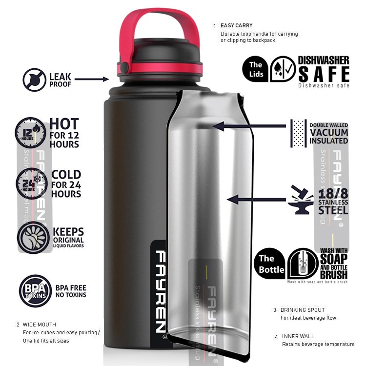 Leak Proof Insulated Double Wall Stainless Steel 304 Water Bottle Vacuum Flasks Thermos 17oz 25oz 32oz With Hand Grip Lid