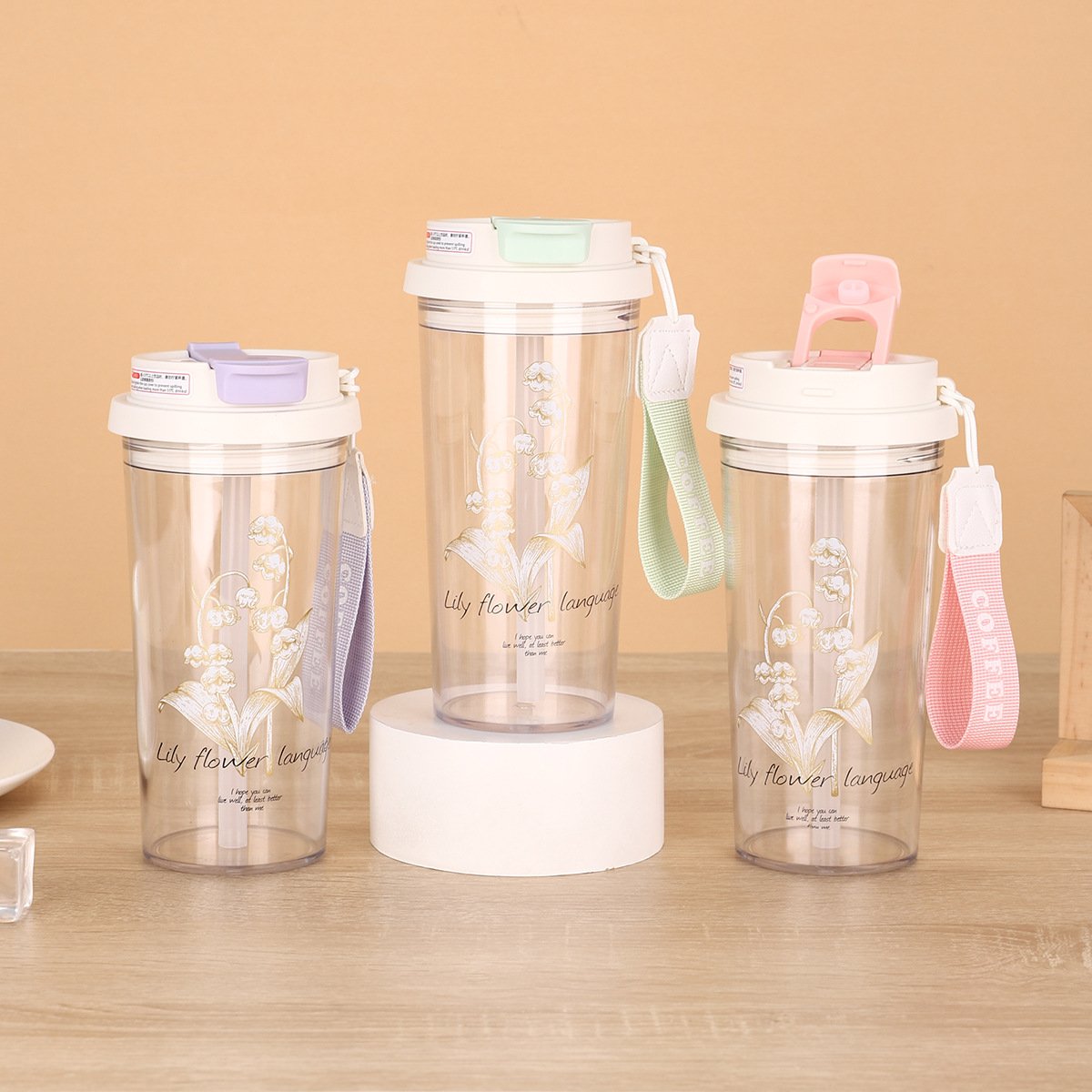 Flower Print Plastic Tumbler Mugs Coffee Mug New Design Coffee Tumbler 450ml Plastic Coffee Tumbler With Rope
