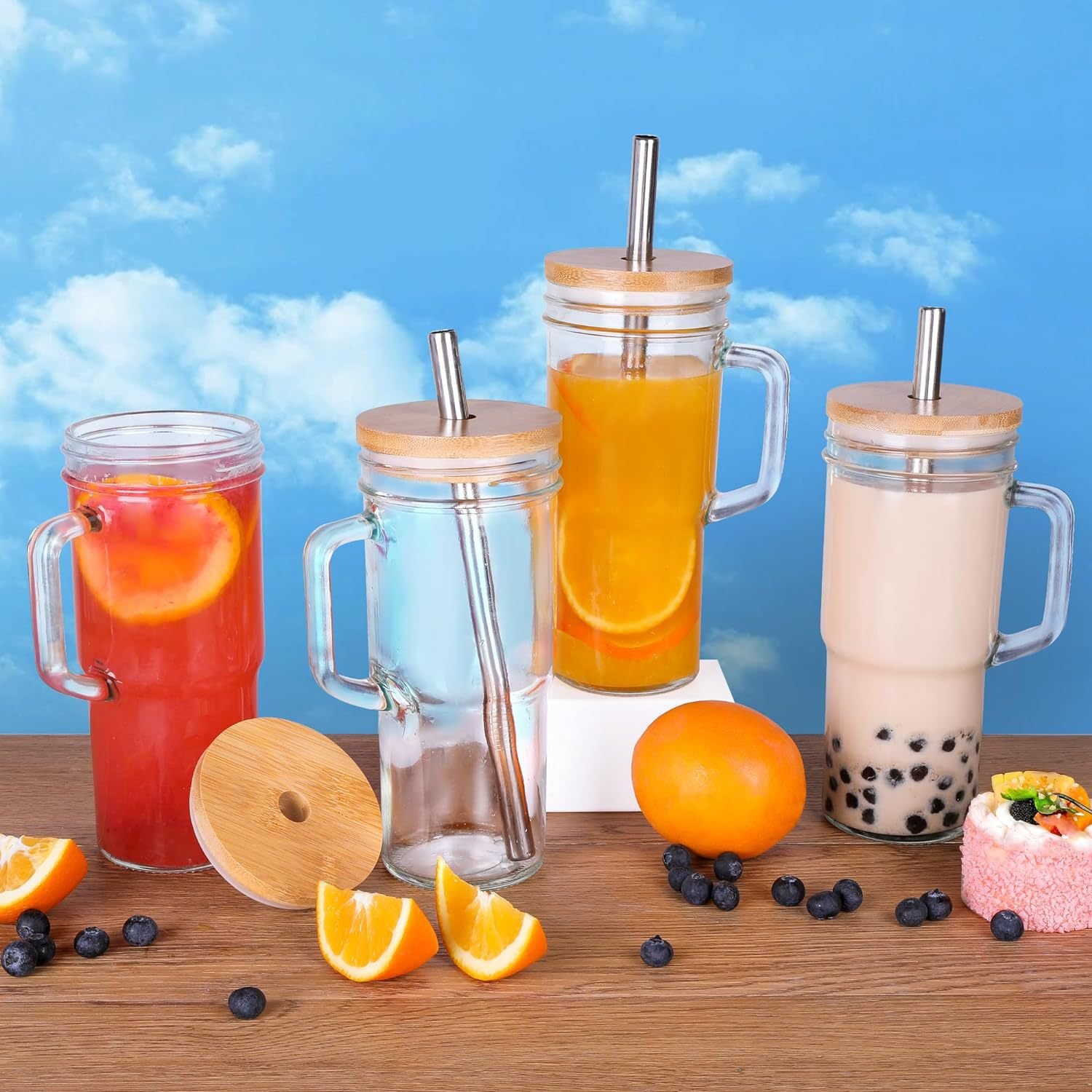 High Quality Glass Cup with Handle 24oz Tumbler Glass Mug with Bamboo Lid and Straw