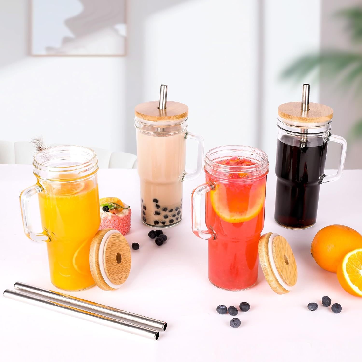 High Quality Glass Cup with Handle 24oz Tumbler Glass Mug with Bamboo Lid and Straw