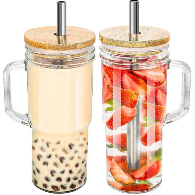 High Quality Glass Cup with Handle 24oz Tumbler Glass Mug with Bamboo Lid and Straw