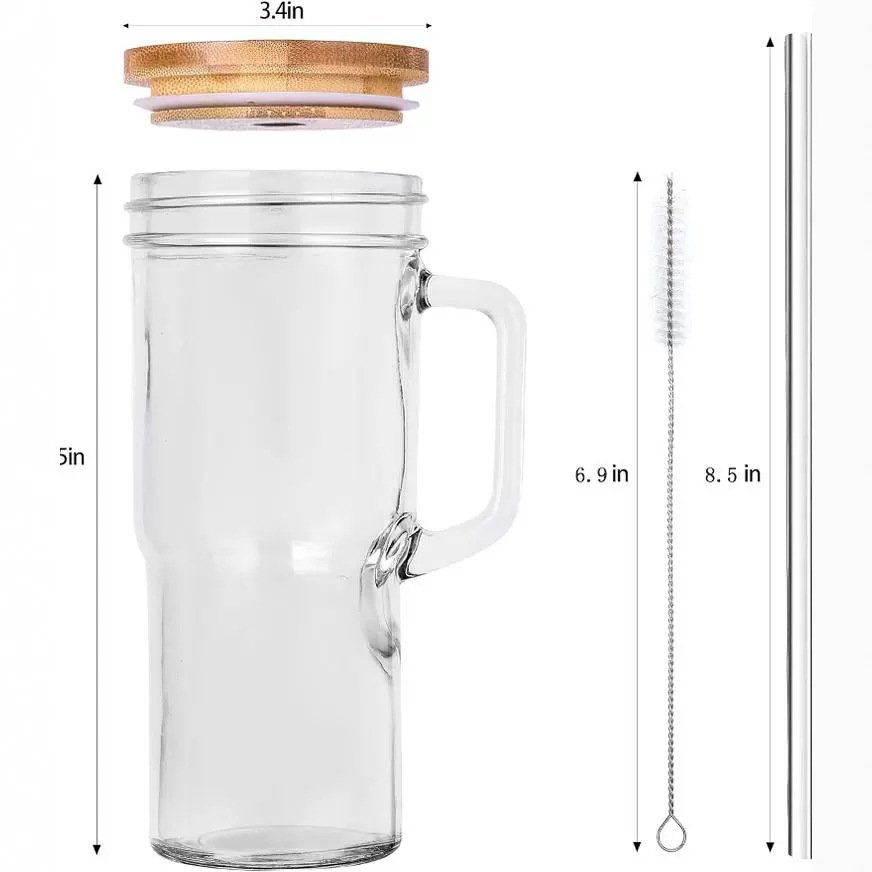 High Quality Glass Cup with Handle 24oz Tumbler Glass Mug with Bamboo Lid and Straw