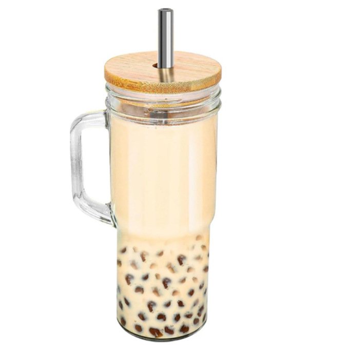 High Quality Glass Cup with Handle 24oz Tumbler Glass Mug with Bamboo Lid and Straw