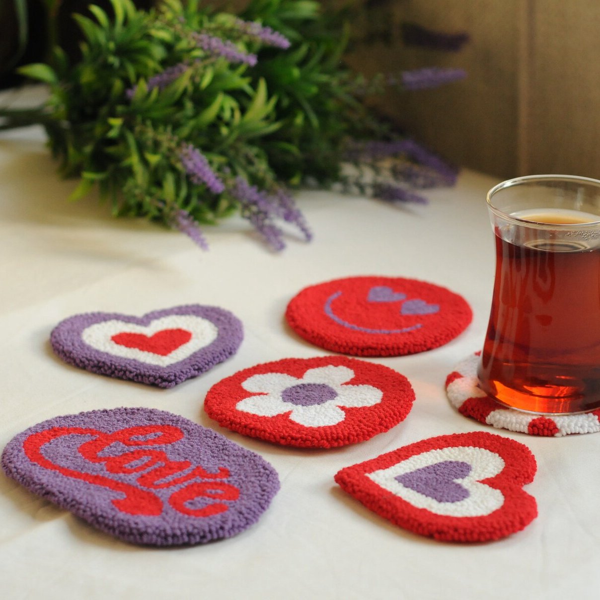 Valentines Day Custom DIY Cute Soft Cup Rug Embroidery Punch Needle Mug Rug Coasters for Gift