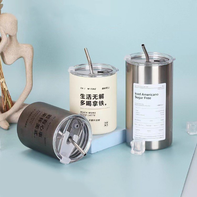 350ml 600ml Tumbler Stainless Steel Insulated Coffee Mug with Straw and Lid Custom Logo Office Water Cup